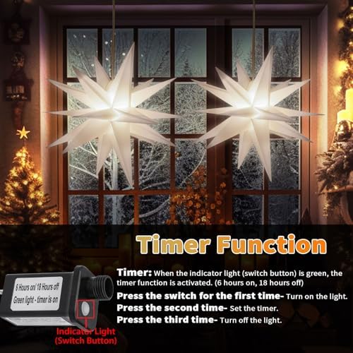 2 Pack 18-Pointed Moravian Star Christmas Lights Decorations with Timing Function, Hanging Outdoor/Indoor Christmas Star Decor, Warm White (18")
