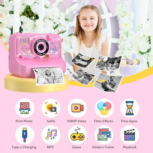 Instant Print Camera for Kids Age 3-12 Girls Boys 1080P HD Digital Video Cameras with 5 Print Paper & 32G Card Toddler Portable Travel Toys Camera for Christmas Birthday Gifts
