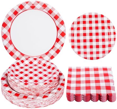 150Pcs Gingham Party Supplies Red Gingham Paper Plates and Napkins Red Plaid Party Plates Disposable Red and White Checkered Plates for Christmas Birthday Family Picnic，Serves 50