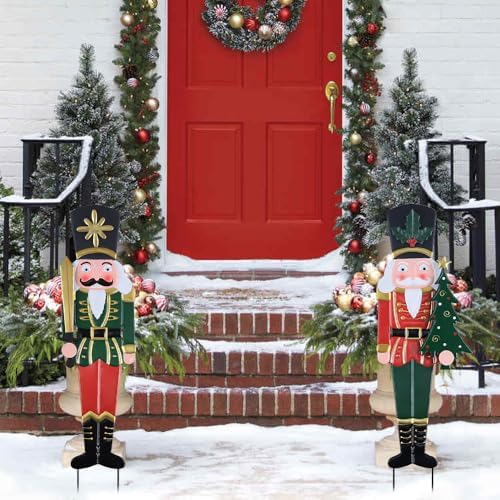 YEAHOME Outdoor Christmas Decorations, Set of 2 Metal Nutcracker Decorative Garden Stakes for Christmas Outdoor Yard, Xmas Walnut Soldier Yard Signs for Outside Home Garden Lawn Porch Pathway Decor
