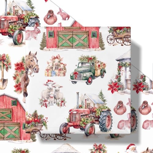 RUSPEPA Christmas Farm Wrapping Paper Roll, Mini Roll, Santa on Horse, Tractor, Red Barn, Farm Animalsand Christmas Decorations, Rustic Gift Wrap for Holiday, Country Party,17 Inches x 16.4 Feet