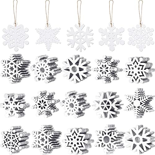 100 Pcs Christmas Unfinished Wooden Snowflake Ornaments Snowflake Hanging Cutouts Blank Wood Slices with Cord Craft Embellishments for Xmas Tree Decorations (White,2 Inches)