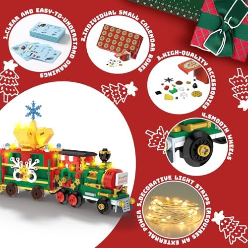 Advent Calendar 2025 Train Building Blocks Set, 24 Days Surprise Christmas Countdown Calendars Toy Building Blocks Kits Christmas Train with LED Light, Thanksgiving Xmas Gifts for Adults Men Women, Boys, Girls, Teens & Adults Ages 6+
