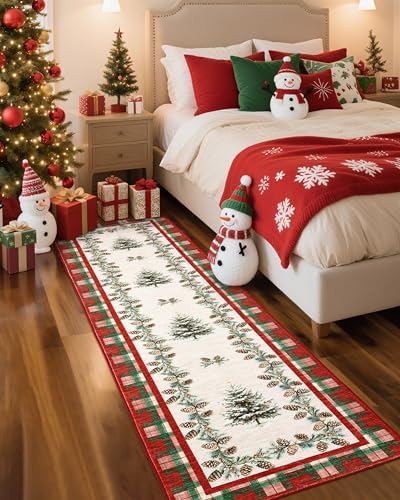 GarveeHome Checkered Christmas Kitchen Runner Rug Red 2x8 Runners for Hallways Non Slip, Washable Christmas Tree Print Floor Runner Rugs Stain Resistant Low-Pile Long Carpet for Entryway Bedroom