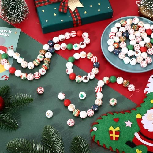 120 Pcs 15mm Silicone Beads Bulk Silicone Beads Print Rubber DIY Bracelet Making Kit for Keychain Making Pens Necklace Jewelry (Christmas)