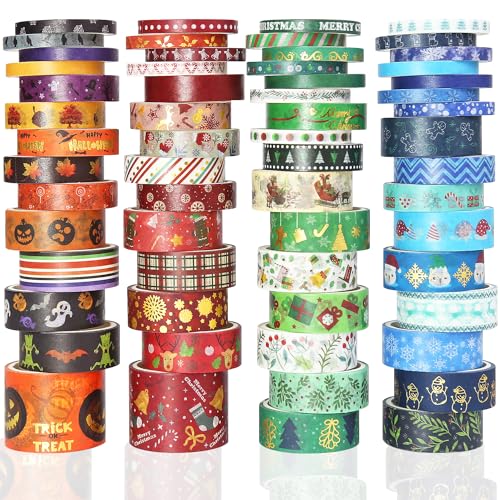 60 Rolls Holiday Washi Tape Set,4 Sizes Decorative Masking Tape Christmas Thanksgiving Fall Halloween Winter Washi Tape for Journaling Supplies Scrapbook Journal Bullet