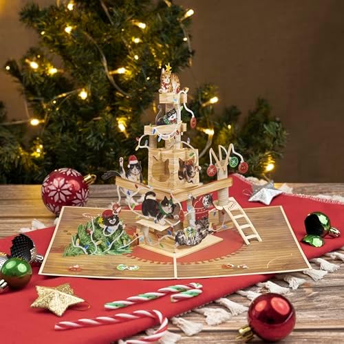 Xmas Cat Tree Pop Up Card, Merry Christmas, Presents, Balls, Funny 3D Greeting Card, Ideal Gift for Xmas Season, Table Decorations, Cat Lover, 5x7 - Includes Envelope And Message Note