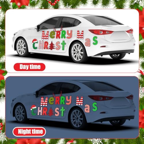 Xuhal 14 Pcs Christmas Car Magnet Set Reflective Merry Christmas Car Decal Large Xmas Garage Magnet Sticker for Refrigerator Mailbox Outdoor Garage Door Xmas SUV Decoration(Stylish)
