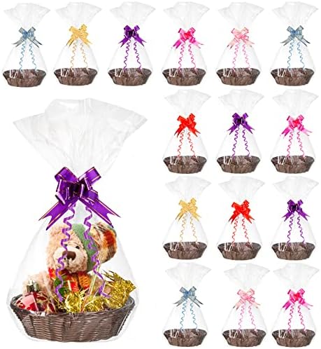 Yesland 16 Pcs Plastic Oval Basket for Gifts Empty, Small Bread Basket Food Storage Baskets with Clear Gift Bags and Colorful Pull Bows, 9 X 6 X 2.5 Inches Bin for Kitchen Restaurant Christmas