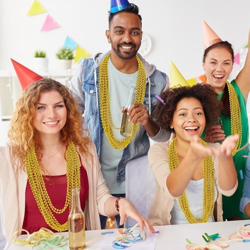 100PCS Mardi Gras Beads, Gold Oval Beaded Necklace Stuff, 32" Mardi Gras Christmas Beaded Necklace Costume Bulk, Festival Parade Throw Accessories for Mardi Gras St Patricks Christmas Celebrations