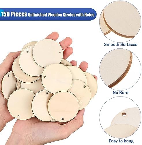 150 Pcs Unfinished Wooden Circles with Holes 2 Inch Wood Rounds Tags Blank Natural Round Wood Discs for Crafts Wooden Circle Cutouts Ornaments for DIY Crafts, Parties, Birthday, Christmas, Home Decor