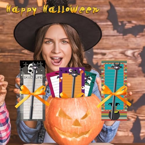 Yexiya 200 Sheets Halloween Christmas Notepads Halloween Sticky Notes to Do List Notepad with 10 Pen for Christmas Party Shopping List Gift, 7.5 x 3.2 Inch (Ghost)