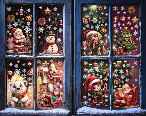 12 Sheets 171 Pcs Big Size Christmas Window Clings - Santa, Reindeer, Dog & Cat Window Stickers & Decals for Home, School, Office & Party Supplies
