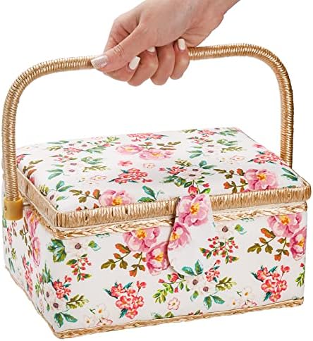 ZOOFOX Sewing Basket with Accessories, Wooden Sewing Kit Storage Box with Removable Tray, Vintage Sewing Kits Carrying Bag for Sewing Mending, Beginner, Professional, Floral Print, Gift for Christmas