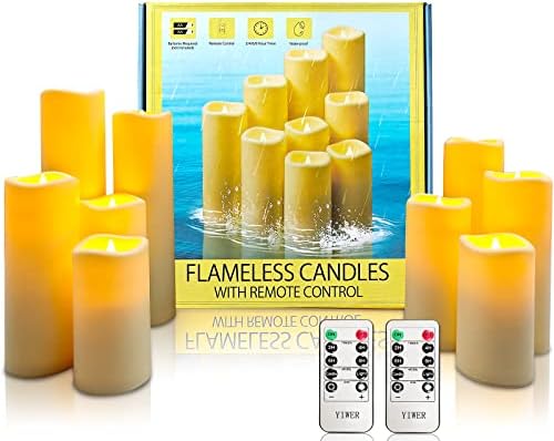 YIWER Waterproof Flameless Candles, Outdoor Battery Operated LED Pillars Candles, Electric Fake Candle Set of 9 with Remotes, Halloween, Christmas Decorations