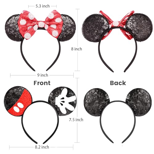 2 Pcs Mouse Ears Sequin Headbands for Women, Mouse Ears Bows Headbands for Princess Decoration Cosplay Birthday Christmas Party (Palm+polka Dot)
