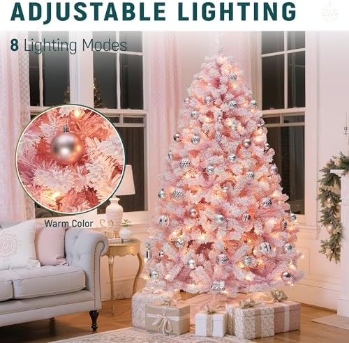 YITAHOME 6 FT Prelit Pink Flocked Christmas Tree, Pre-Lit Pink Spruce Artificial Christmas Tree with 928 PVC Flocked Tips and 250 Warm-White Lights for Home, Office Decoration