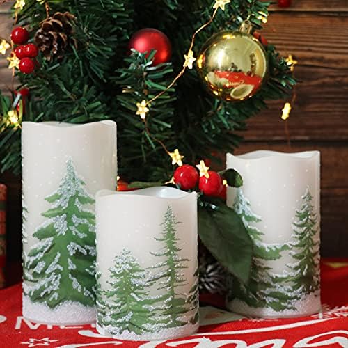 Wondise Flickering Flameless Pillar Candles with Timer, Battery Operated Real Wax Warm Light Christmas Tree Pine Tree Decal Candle for Home Decoration Christmas Gifts, Set of 3(D3 x H4/5/6 Inch)