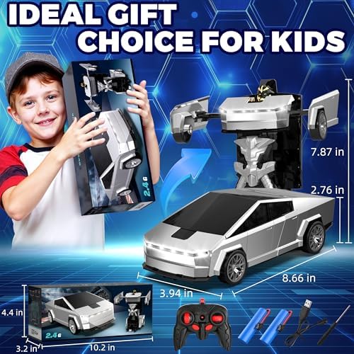 Transform RC Cyber Pickup Truck Cars Robot Toy for Kids, 2.4GHz Remote Control Car with One-Button Deformation 360° Rotation LED Lights Christmas Birthday Gifts for Boys Age 4-7-8-12（1:18 Scale ）