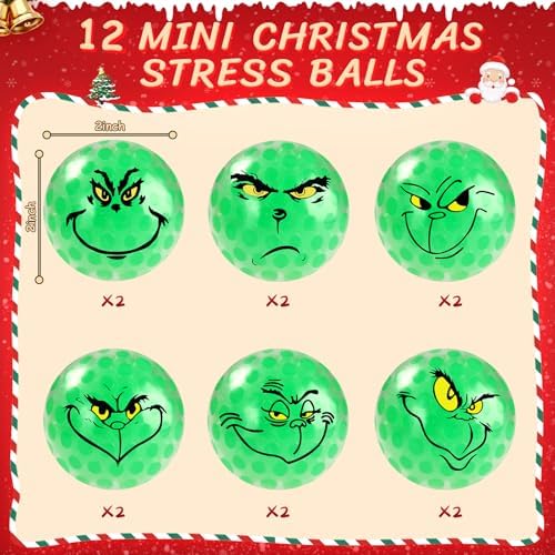 12Pcs Christmas Stress Balls,Christmas Green Monster Squishy Toy for Adults,Squishy Squeeze Relief Balls Bulk Fidget Toys,Christmas Stocking Stuffer Party Favors