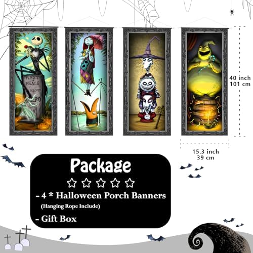 4 Packs Jack Sally Banners Porch Signs Halloween Decor Christmas Nightmare Hanging Vintage Banner Halloween Decorations Outdoor Horror Poster for Indoor Stretching Portraits Before Party Banner Wall Art Wallpaper