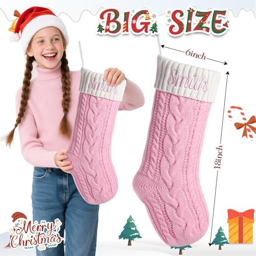 Personalized Christmas Stockings with Christmas Cards,Custom Embroidered Name Monogram Christmas Stocking for Baby Kids Girl Family,18" Large White Pink Knit Xmas Stockings for Fireplace