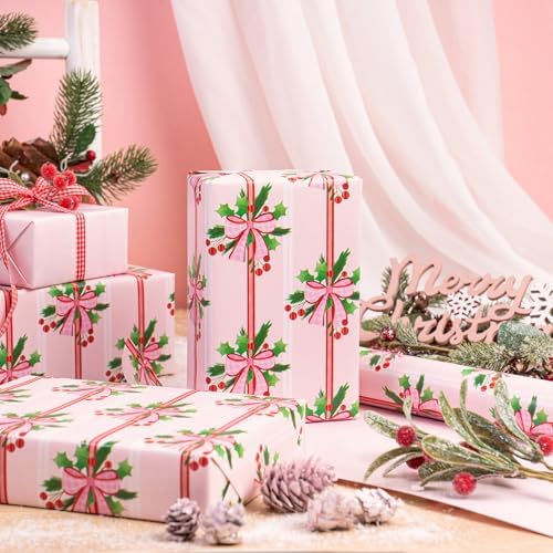 WRAPAHOLIC Reversible Christmas Wrapping Paper - Mini Roll - 17 Inch x 33 Feet - Holly and Red Bow Wrapping Paper with Solid Pink Design for Xmas Holiday, Party Celebration