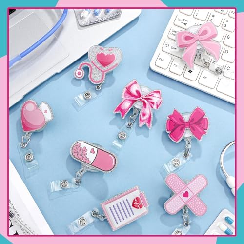 XunYee 8 Pack Pink Bow Nurse Badge Reels Xmas Retractable ID Name Nursing Medical Reels Badge Holder Christmas Stocking Gift for Nursing Student, ID Card Office Nurses Student, Teacher, Medical Worker