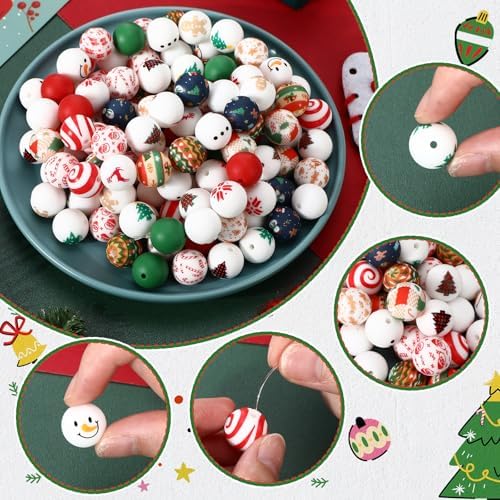120 Pcs 15mm Silicone Beads Bulk Silicone Beads Print Rubber DIY Bracelet Making Kit for Keychain Making Pens Necklace Jewelry (Christmas)