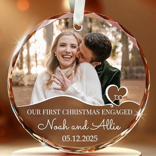 First Christmas Engaged Ornament 2025 – Custom Engagement Photo Ornament – Personalized Couple Gift with Name Date Picture – Romantic Holiday Keepsake