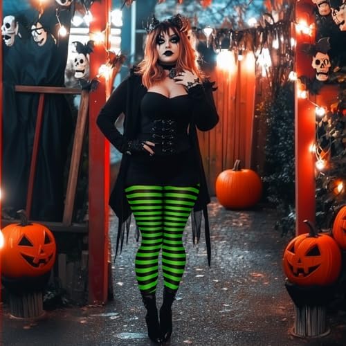Yilanmy 2 Pairs Plus Size Striped Tights for Women Colored Halloween Christmas Costume Leggings Footed Opaque Pantyhose