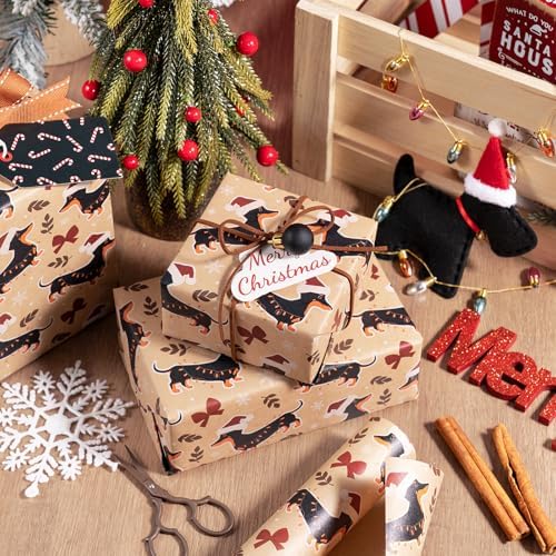WRAPAHOLIC Kraft Dog Christmas Wrapping Paper - Mini Roll - 17 Inch x 16.5 Feet - Dachshund Dog and Red Bow Wrapping Paper for Christmas, Holiday, Party Celebration