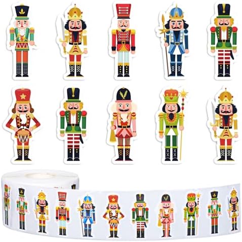 Whaline 1000Pcs Christmas Nutcracker Stickers Roll Xmas Cartoon Nutcracker King and Soldier Self-Adhesive Sticker Decals for Birthday Holiday Party Decor Supplies, 8 Designs