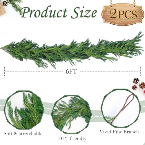 2 Pcs 6 Ft Christmas Norfolk Pine Garlands, Real Touch Faux Pine Garland, Realistic Green Fake Greenery Garland for Christmas Table, Mantle, Wall, Outdoor Holiday Winter Decorations(2, 6 FT)
