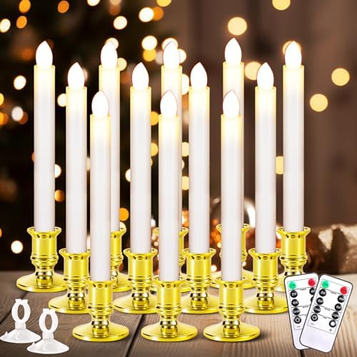 12 Pack Christmas Window Candles, Battery Operated Window Candles with Timer Remote, LED Window Candle with Candle Holders Suction Cups for Christmas Decorations, Gold