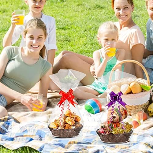 Yesland 16 Pcs Plastic Oval Basket for Gifts Empty, Small Bread Basket Food Storage Baskets with Clear Gift Bags and Colorful Pull Bows, 9 X 6 X 2.5 Inches Bin for Kitchen Restaurant Christmas