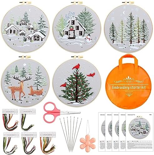 Tigeen 5 Sets Christmas Embroidery Kit for Adults Cross Stitch Embroidery Kit for Winter Snow Scene Christmas Tree with Instructions Hoops Needles Colored Threads Needle