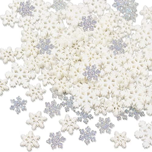 100Pcs Mini Snowflake Ornament Christmas Decorations- Glitter Resin White and Silver Snowflakes Christmas Craft Embellishment for DIY Craft Xmas Tree Winter Party Table Decor (3 Sizes)