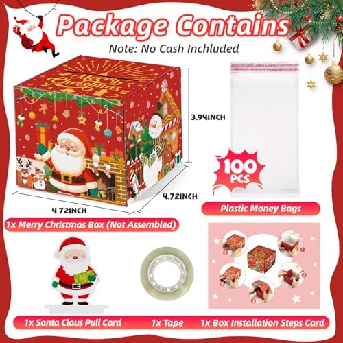 Christmas Money Box for Cash Gift Pull - Christmas Surprise Money Gift Box for Boys Girls - DIY Money Pull Box with 100Pcs Transparent Bags - BestGift for Kids Adults - Red