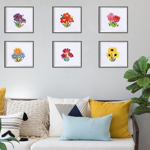 ZOIIWA 6PCS Fall Themed Flower Cross Sewing Kits for Beginners Flower DIY Embroidery Kit for Kids Adults Party Birthday Christmas Gift Needlepoint Patterns with 2 Embroidery Hoops Craft Supplies
