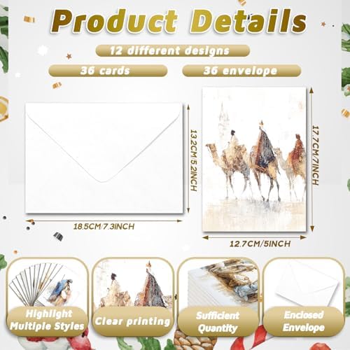 Cholemy 36 Set Nativity Scenes Christmas Cards with Envelopes Jesus Traditional Religious Holy Night Christmas Greeting Cards Nativity Scenes Church Xmas Decoration for Women Family Holiday Gift