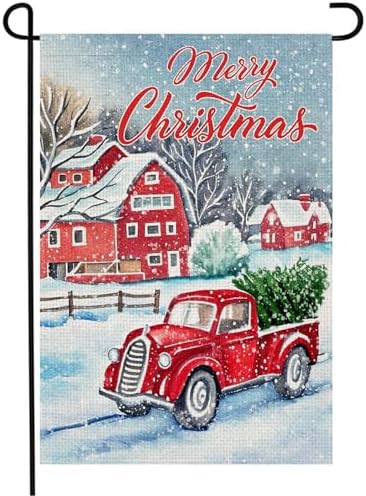 Doncida Merry Christmas Garden Flag 12x18 Double Sided Burlap Red Truck Christmas Tree Rustic Quote House Winter Xmas Yard Flag for Outside Decoration