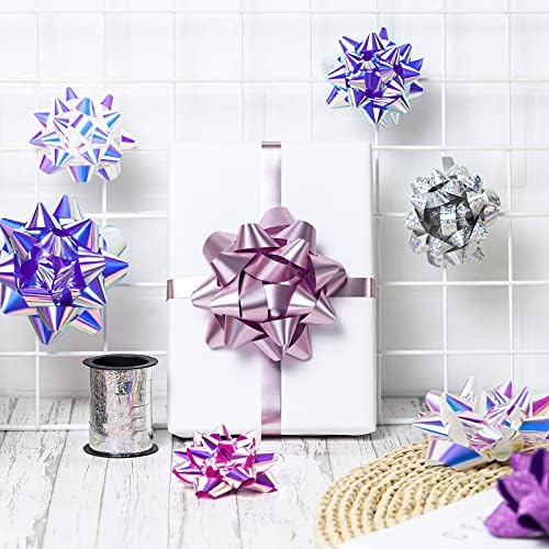 WRAPAHOLIC 14 Pcs Gift Bows Assortment - 12 Multi Colored Assorted Size Gift Bows (Purple, Pink, White, Rose Gold, Silver) and 2 Crimped Curling Ribbons, Perfect for Christmas, Holiday, Party
