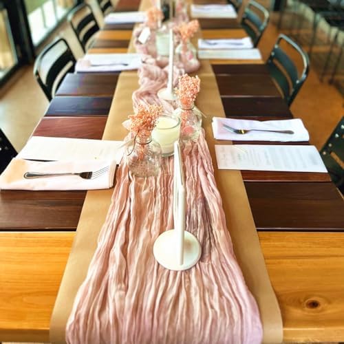 1 Pack Cheesecloth Table Runner, 10FT 35x120 inch Baby Pink Table Cloth, Boho Rustic Gauze Dusty for Baby Shower Decor, Mothers Day, Bridal Shower, Wedding, Thanksgiving, Christmas, Birthday Decor