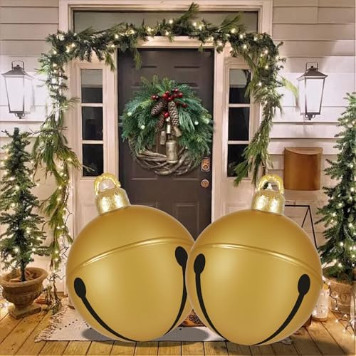 2 Pcs Giant Inflatable Christmas Balls, 24IN PVC Jingle Bell Large Outdoor Indoor Christmas Ornaments,Oversized Blow Up Balls for Garden Yard Patio Decorations (24 Inch Gold, 2)