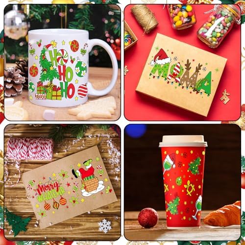 18 Sheets Christmas UV DTF Cup Wraps Transfer Sticker for Glass Lime Green Christmas Rub on Transfers Tumbler Sticker Santa Xmas Tree Waterproof Decals for DIY Craft Gift Festival Decoration