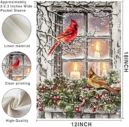 Winter Candle Cardinal Garden Flags 12×18 Inch Double Sided Xmas Cardinal Garden Flags Rustic Farmhouse Yard Red Birds Flags with Pine Twigs Window Candle Berry Outdoor Decor Christmas Garden Flag