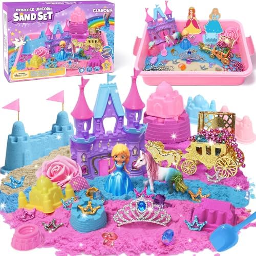 Princess Unicorn Sensory Bin Sandbox for Girl Kid Toys, 2lbs Color Sensory Sand & 6 Castle Molds & Play Kits, Sand Box Toys for Kids Girls Toddlers 3 4 5 6 7 8 Christmas Birthday Gift