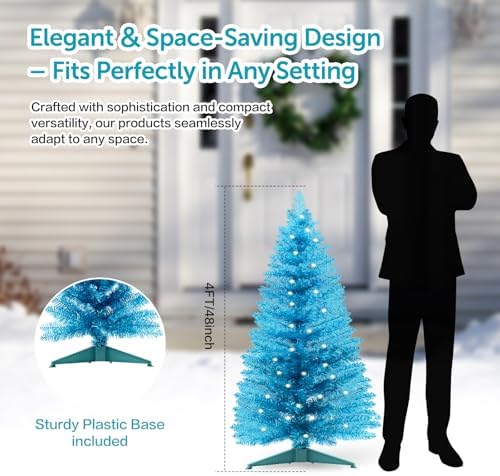 4ft Lighted Artificial Blue Christmas Tree，Small Snowy Artificial Xmas Tree, Not Pre-lit White Tinsel Pine Trees with Lights for Small Spaces, Office Lobby & Winter Wedding Centerpiece
