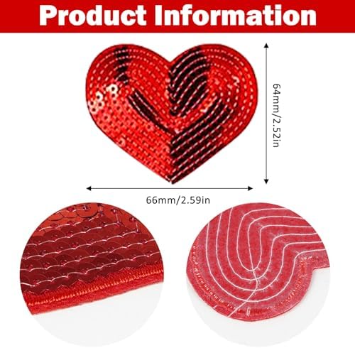 20Pcs Red Sequin Heart, Shiny Heart Iron on Applique Embroidered Patches for Clothing, Bags, Jackets, Jeans DIY Earrings Accessory Craft Valentine Christmas Decoration, 2.5inch